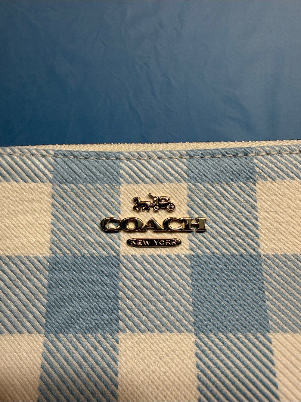Coach Blue and White Gingham Wristlet with Cherry Charm - Picture 4 of 8